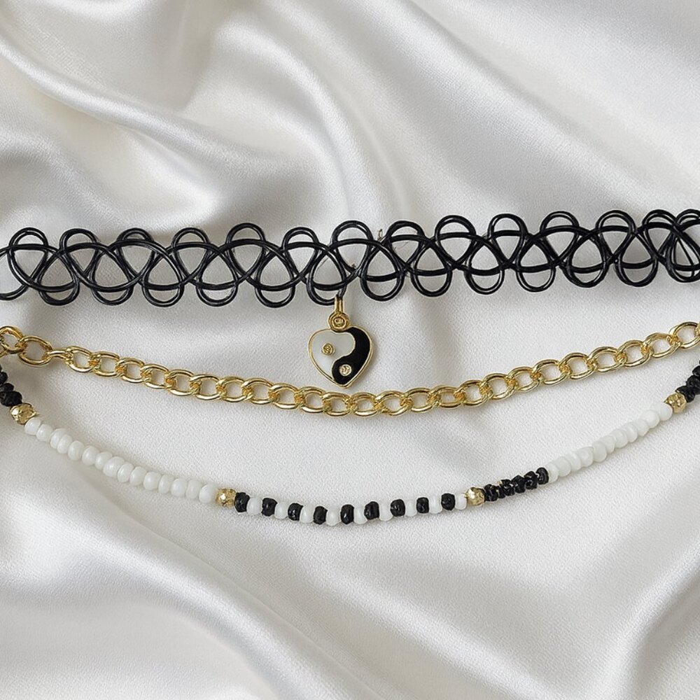 Layered Choker Set – Yin Yang Heart, Black & White Beads & Gold Chain Necklace